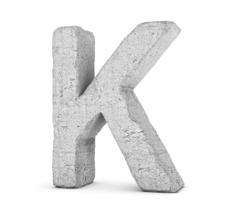 3D rendering concrete letter K isolated on white background. Signs and symbols. Alphabet. Cracked surface. Textured materials. Cement object.